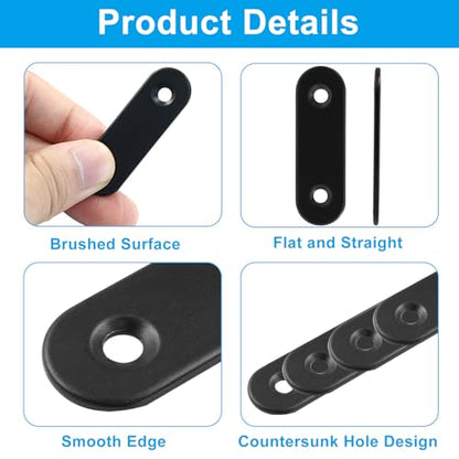 12 Pcs 2 Inch Straight Bracket, Stainless Steel Flat Mending Brace, Black Connector Plate with Mounting Screws & Screwdriver for Furniture Repair, Fixing - size: Black, 2" x 0.6"