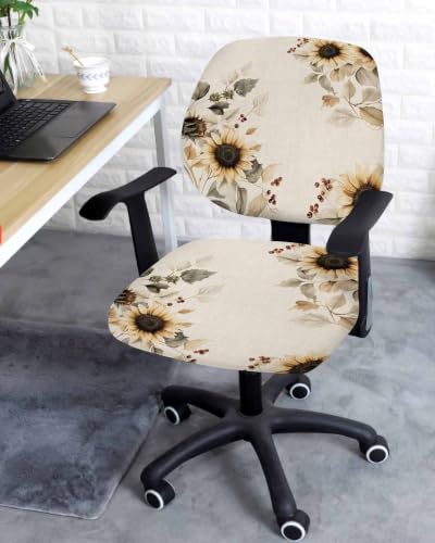 Savannan Office Chair Cover, Fall Pastoral Sunflower Berry Protective Stretch Elastic Universal Cover for Desk Task Chair,Computer Rotating Chair 1 Pcs Autumn Botanical Retro Linen