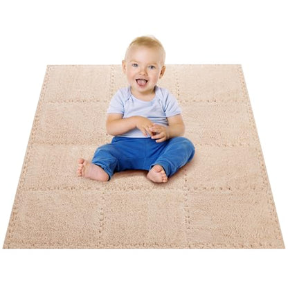 12 pcs Thickened Plush Foam Interlocking Floor Mat, Interlocking Foam Tiles with Edgings for Kids, Soft Anti-Slip Puzzle Area Square Rug Playmat for Children Room Bedroom(11.8", Light Brown) - color: Light Brown