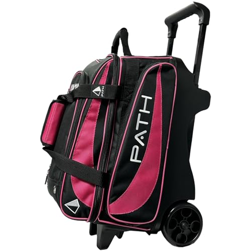Pyramid Path Premium Deluxe 2 Ball Double Roller Bowling Bag With Large Separate Shoe Compartment (Up To US Mens Size 15) and Oversized Accessory Pocket, Retractable Locking Handle - Extends to 37" - color: Black/Hot Pink