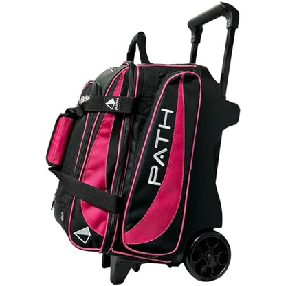 Pyramid Path Premium Deluxe 2 Ball Double Roller Bowling Bag With Large Separate Shoe Compartment (Up To US Mens Size 15) and Oversized Accessory Pocket, Retractable Locking Handle - Extends to 37" - color: Black/Hot Pink