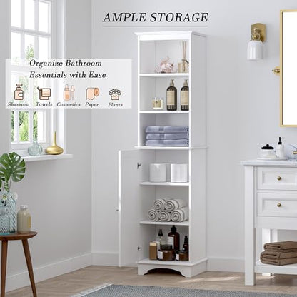 Spirich Tall Narrow Bathroom Storage Cabinet, Slim Linen Tower Cabinet | 3 Open shelves and Adjustable Interior Shelf, Space-saving, Freestanding, Engineered Wood, White, Perfect for Tight Corners