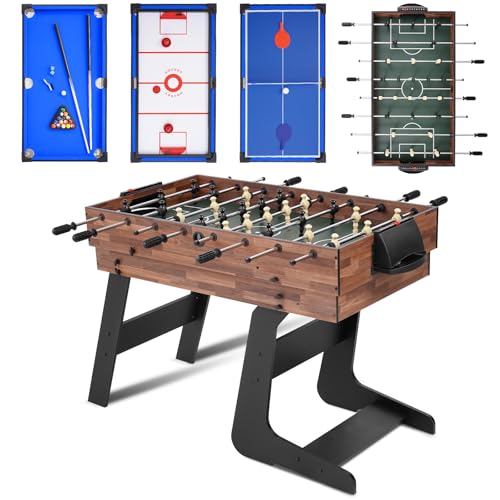 RAYKEEP Foldable Multi Game Table, 4-in-1 Combo Game Table Set with Ping Pong, Hockey, Pool Billiards and Foosball for Adults, Home, Game Room, Friends & Family - color: Dark Wood Grain