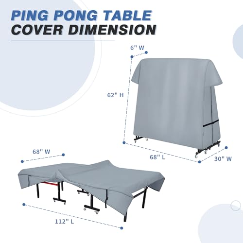 Ping Pong Table Cover Outdoor Waterproof, Dual Function Table Tennis Cover Fits Both Folding Tables and Flat Tables Indoor & Outside 68" L x 6"/30" W x 62" H, Grey - color: Gray