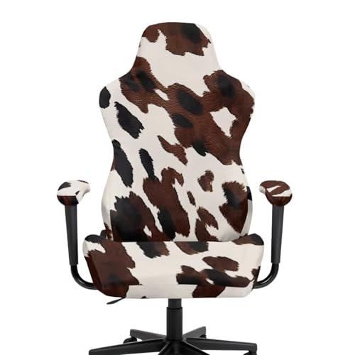 Abstract Brown Cow Pattern Gaming Chair Covers Stretchable 4PCS Set Office Chair Covers Stretchable with Arms Armchair Slipcovers Protective Dust Shield for Working Home Businesses - color: Abstract Brown Cow Print