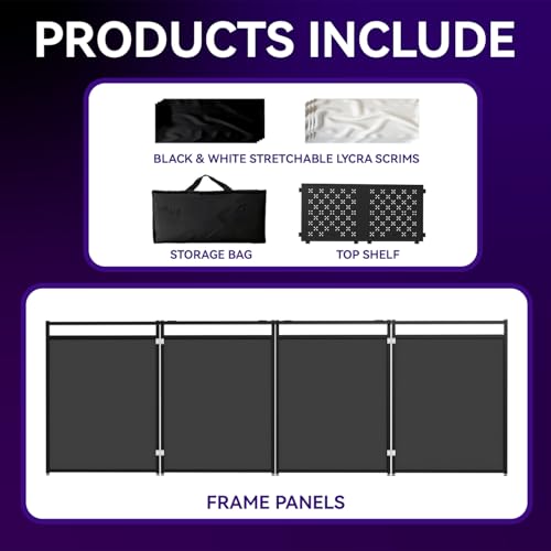 Portable DJ Booth Table,56''x28" Foldable DJ Table Stand Portable with White & Black Scrim,Adjustable D J Facade Tabl e Station Metal Frame D J Tabl e with Cable Hole for Private Events, Clubs, Bars - size: 56 x 28