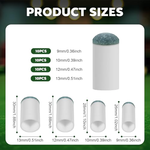 40Pcs Slip On Pool Cue Tips Replacement Kit, 4 Sizes Upgrade Pool Stick Tips for Snooker and Pool Cues, No Glue, Fast-Fix Solution for Stick Tip Replacement (9mm/10mm/12mm/13mm, 10pcs Each)