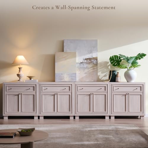 ACCOHOHO Modern Farmhouse Buffet Cabinet, 126" Sideboard Credenza, Modular Storage Cabinet with Framed Panel Fronts, Adjustable Shelves & Dual Base Design, White Alder - color: White Alder, size: 4 Piece