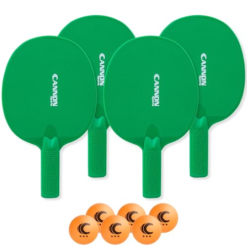 Cannon Sports Unbreakable Table Tennis Paddle Set - 4 Rackets with 6 Pack of 3-Star Table Tennis Balls – Portable Set for 4 Players - color: 4 Green Paddles + 6 Orange Balls