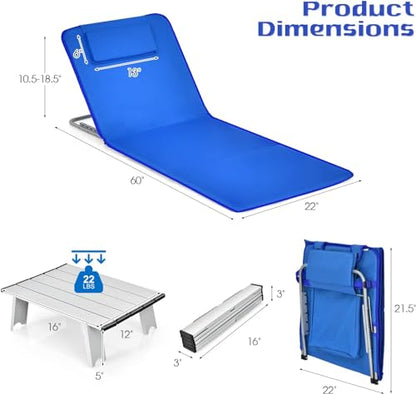 Goplus Beach Chairs with Side Table, 2 Pack Folding Lounge Chairs for Adults, with 5 Adjustable Position, Backpack Lightweight Reclining Lounge Chair for Lawn Camping Picnic Sunbath Pool (Navy) - color: Navy
