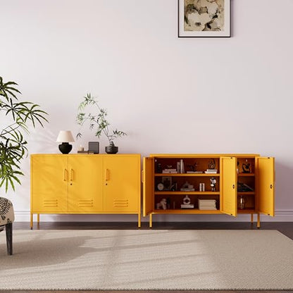 32" Wide 3-Door Lockable Metal Storage Cabinet with Accent Cabinet Locker, Heavy Duty Home Tool Cabinet, 2 Removable Shelves & Easy Assembly, for Home, Office, Entryway and Hallway Yellow - color: Mustard, style: Cabinet-32"H-WL