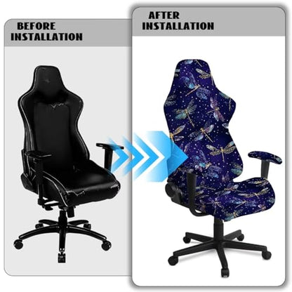 Dragonfly Print Gaming Chair Cover with Armrest Covers Scratch Proof Anti-Dust Game Chair Covers Slipcover Universal Fit for Desk/Swivel/Rotating Chairs Protector - color: Purple - Dragonfly
