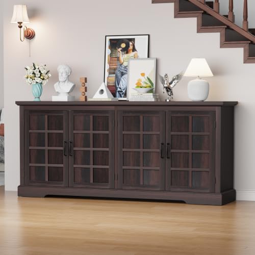 Bigbiglife 70.2" Wood Buffet Cabinet, Farmhouse Buffet Sideboard Cabinet with 4 Doors and Adjustable Shelves, Coffee Bar Wine Bar Storage Cabinet for Kitchen, Living Room, Chocolate Brown - color: Chocolate Brown