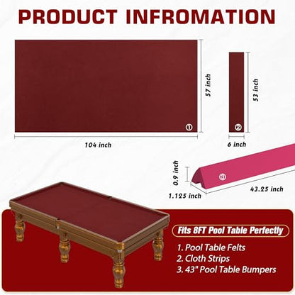 Pool Table Felt and Bumper Kit Felt for Billiard Cloth with Pool Table Bumpers and Cushions Facing, 6 Pcs Cloth Strips and Staple Remover - color: Burgundy, size: 8FT + 42'' Bumpers