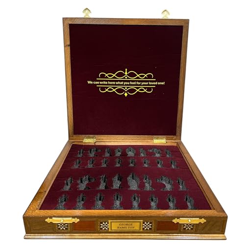Medieval British Army Antique Copper Metal Chess Set for Adults,Handmade Pieces and Natural Solid Wooden Chess Board with Storage Inside King 3.35inc