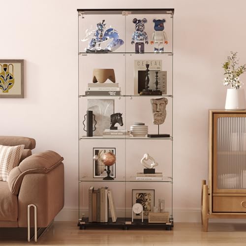Glass Display Cabinet with 5-Shelf Double Doors and Lock, 5mm Tempered Glass Floor Standing Bookshelf for Living Room, Bedroom, Office, 72 x 32 x 14 in, Black - size: 72 x 32 x 14 in -5-Tier