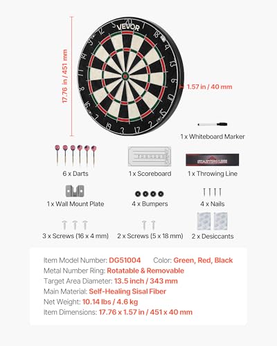 VEVOR Dartboard with 6 Darts & Scoring Kit, Self-Healing Sisal Fibers Dartboard with Staple-Free Bullseye & Rotating Number Ring, 17.7" Professional Steel Tip Dart Board Set for Home Party Game Rooms