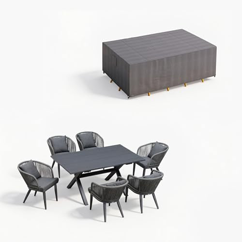 PURPLE LEAF 7 Pieces Patio Dining Set with Waterproof Furniture Cover Rectangular Table and Chairs Set for Garden Deck Aluminum Frame Backyard Kitchen Set, Cushions and Pillows Included Grey - color: Grey, size: 7 Pcs, style: with Furniture Cover