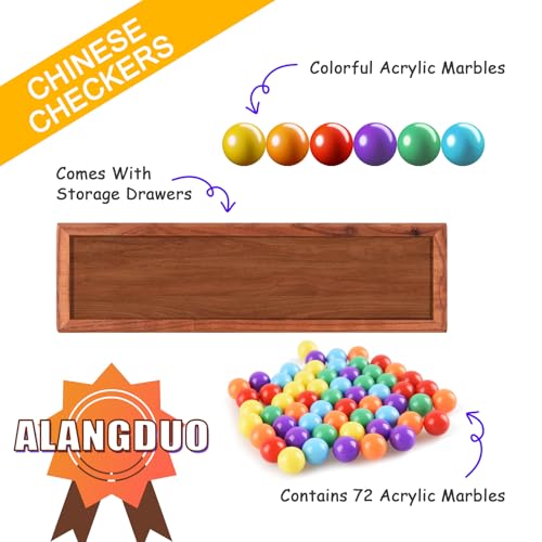 Large Chinese Checkers Upgraded Version Wooden Game Board, 16mm 60+12 Colorful Acrylic Marbles, Easy Grasping for Adults and Kids, with Storage Drawer, Fun for Family Gathering (15in.)