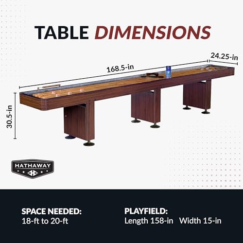 Hathaway Challenger Shuffleboard Table for Family Arcade Game Room - with Poly-Coated Playfield, Built-in Scorer & Cabinet, Climate Adjusters, Leg Levelers, 8 Pucks, Brush & Wax - Walnut Finish - size: 14-foot