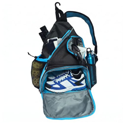 Pickleball Sling Bag with Shoe Compartment - Crossbody Backpack Fits 2 Paddles, 32oz Bottle & Fence Hook, Sports Bag for Men & Women (Shoe Limit: up to US Men's 10 / Women's 11.5) - color: Grey/Blue