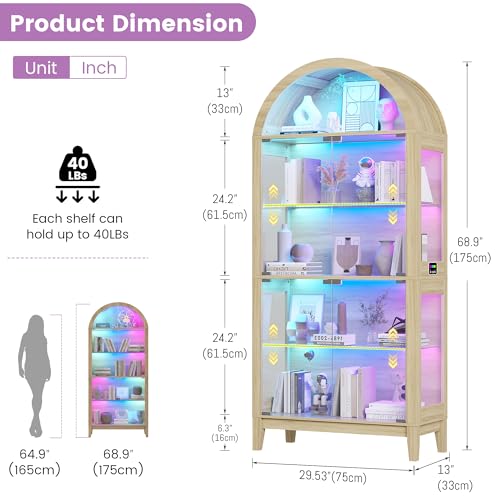 Gurexl 5-Tier Arched Glass Display Cabinet, Motion Sensor RGB LED Showcase with Music Sync Light & Adjustable Shelves, Tempered Glass Curio Cabinet for Action Figures Trophies Collectibles, Wood - color: Wood-80008a