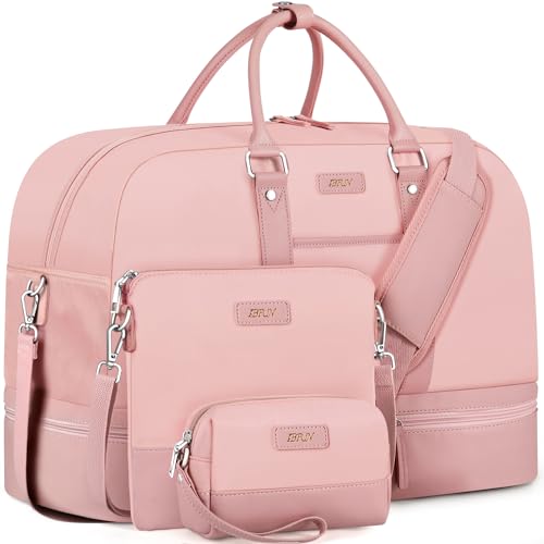 Weekender Bag for Women, Large Overnight Bag Canvas Travel Duffel Bag Carry On Tote with Shoe Compartment 21" 3Pcs Set - color: A15-pink+pink