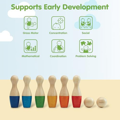 PlanToys® Bowling Set Wooden Montessori Gross Motor and Coordination Toy | Movement, Concentration and Early Math Learning Activity | Eco Friendly Indoor and Outdoor Bowling Game