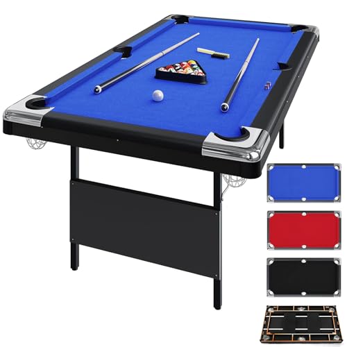 GarveeLife 6 Foot Pool Table, Folding Pool Table, Portable Billiards Tables Includes Full Set of Billiard Balls, 2 Cue Sticks, Chalk & Felt Brush for Family Game Room - color: Blue