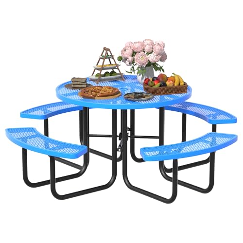 All-Weather Round Outdoor Picnic Table, Commercial Picnic Table Bench Set with Umbrella Hole, Thermoplastic Coated Metal Dining Tables for School, Stores, Park, Patio, Yard, Blue - color: Light Blue