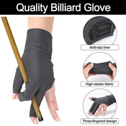 Civaner 8 Pcs Billiard Pool Glove Left Hand 3-Finger Snooker Cue Sport Glove Smooth Stroke Snooker Carom Accessories Anti-Slip Cue Gloves for Men Women - color: Gray