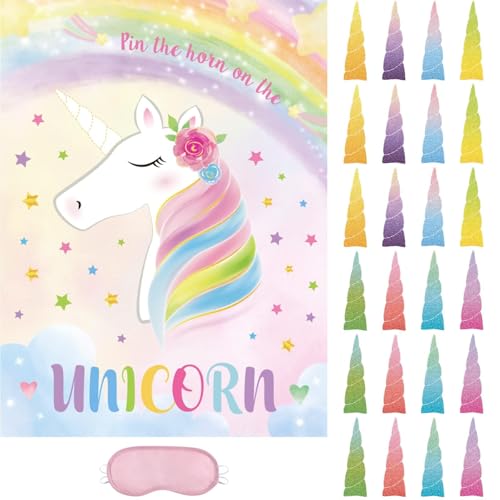 WERNNSAI Pin The Horn On The Unicorn - Unicorn Birthday Decorations 21'' X 28'' Birthday Party Game with 24 Pcs Horns Stickers for Kids School Classroom Activities - style: Unicorn B
