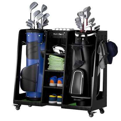 Golf Bag Organizer for 2-Bags Storage - Wooden Golf Bag Stand Rack with Wheels, Heavy Duty Space Saving Golf Club Holder, for Golfers, Husband, Father