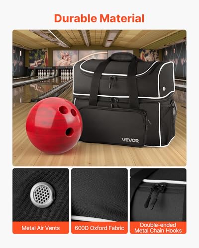 VEVOR Bowling Ball Bag, 2-Ball Bowling Bag with Wheels, Featuring a Separate Compartment for Shoes (Up to US Size 16) & Oversized Accessory Pocket, Retractable Handle Extends to 41.32 in