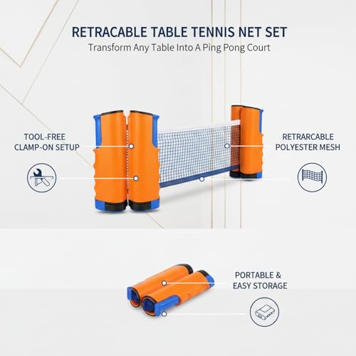 Retractable Table Tennis Net Set, Clamp-On Ping Pong Net for Standard Tables, Portable Polyester Mesh with Quick Setup - color: Orange