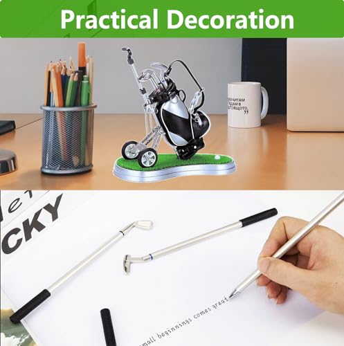 Golf Pen Holder with 3 Club Pens and Movable Golf Cart, Mini Golf Bag Desk Decor for Office, Funny Golf Gifts for Men, Dad, Boss - Stocking Stuffers for Golfers on Birthday, Christmas, Fathers Day - style: Golf Bag w/Cart