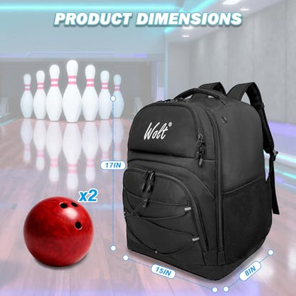 WOLT Bowling Ball Bag,2 Ball Bowling Backpack with Protective Foam Padded & Shoe Compartment Fits Up to Mens Size 16 - color: Black