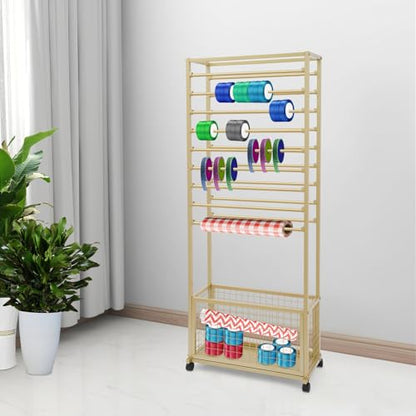 JenyunTech 20 Tier Ribbon Organizer, Double-Sided Flower Cart Display Stand, Multifunctional Display Shelf with Wheels and Storage Basket for Wrapping Paper, Scarves, Shawls - color: 20-Tier, 26in, Gold