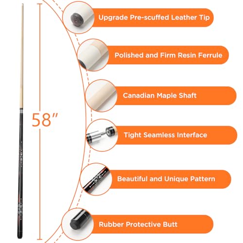 Pool Cue, 58" Billiard Cue Stick 2-Piece Maple Wood Pool Cue Stick 18 19 20 21oz for Bar House Pool Table Sports - color: Orange 18oz