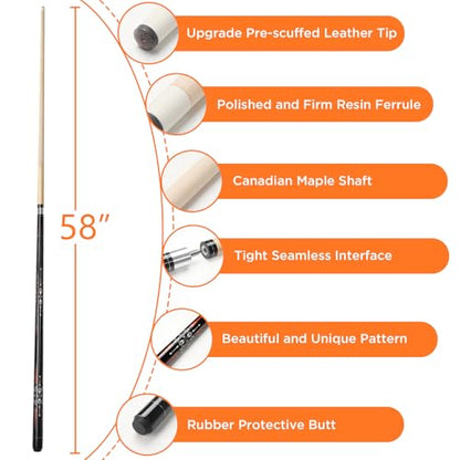 Pool Cue, 58" Billiard Cue Stick 2-Piece Maple Wood Pool Cue Stick 18 19 20 21oz for Bar House Pool Table Sports - color: Orange 18oz