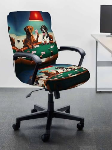 Abstract Animal Office Chair Cover, Dog in The Room Playing Poker Games Universal Stretch Desk Rotating Chair Slipcovers, Removable Seat Protector with Zipper, L - color: Dark Green Brown, size: Large