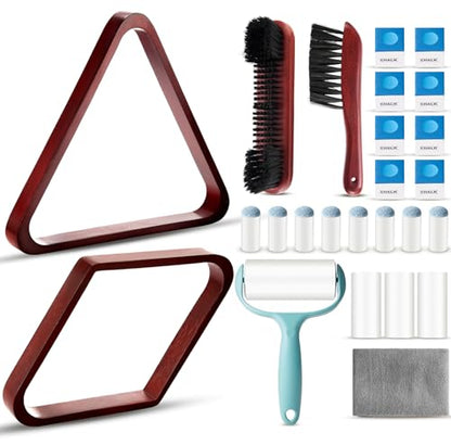 22 Pcs Pool Table Brush Set Wooden Billiard Rack 8 or 9 Ball Triangle Diamond for 2-1/4" Pool Ball with Polish Cloth Sticky Lint Roller Cue Chalk Cube Accessories - color: Wine Red