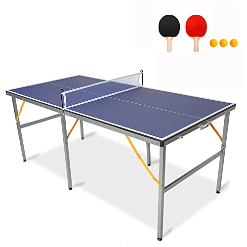 4/6/8/9 ft Professional Table Tennis Table Ping-Pong Tables Set Foldable & Portable Tables with Removable Net 2 Table Tennis Paddles and 3 Balls Easy Assembly - color: Blue, size: 6 Ft