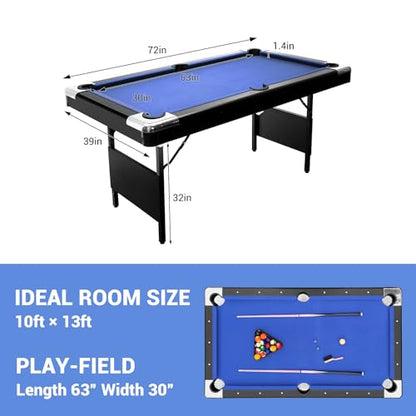 GarveeLife 6 Foot Pool Table, Folding Pool Table, Portable Billiards Tables Includes Full Set of Billiard Balls, 2 Cue Sticks, Chalk & Felt Brush for Family Game Room - color: Blue