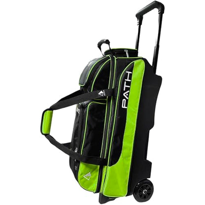 Pyramid Path Triple Premium Deluxe Roller Bowling Bag With Extra Large Separate Shoe Compartment (Up To US Mens Size 16) and 5 Accessory Pockets, 5" Wheels, Retractable Locking Handle - Extends to 42" - color: Black/Lime Green