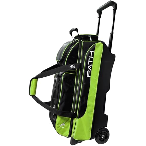 Pyramid Path Triple Premium Deluxe Roller Bowling Bag With Extra Large Separate Shoe Compartment (Up To US Mens Size 16) and 5 Accessory Pockets, 5" Wheels, Retractable Locking Handle - Extends to 42" - color: Black/Lime Green