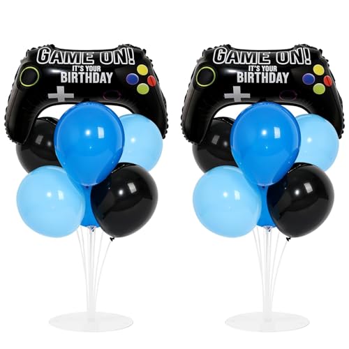 Video Game Birthday Party Balloons Stand Kit 2 Sets with 2 Game Handle Foil Balloons Black Blue Balloon Centerpiece for Tables for Boy Girl Gamer Gaming Night Birthday Baby Shower Party Decoration - style: Video Game