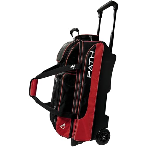 Pyramid Path Triple Premium Deluxe Roller Bowling Bag With Extra Large Separate Shoe Compartment (Up To US Mens Size 16) and 5 Accessory Pockets, 5" Wheels, Retractable Locking Handle - Extends to 42" - color: Black/Red