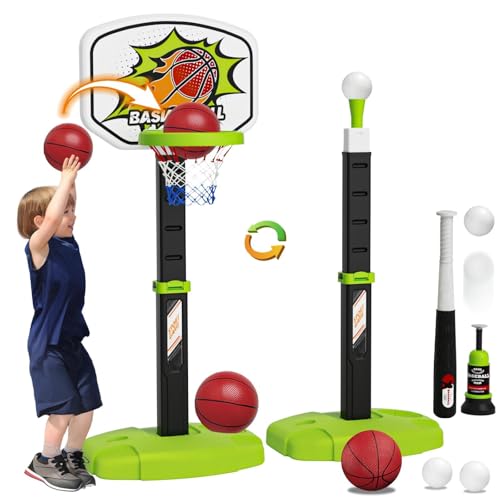3 in 1 Toddler Basketball Hoop and Tee Ball Set for Boys: Kids Baseball Tee with Automatic Pitching Machine Adjustable Height Indoor and Outdoor Sports Toys Christmas Birthday Gifts for Boy Age 3-12 - style: Green Basketball Hoop