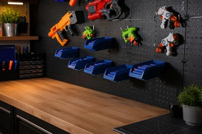 WallPeg Nerf Organizer Accessories – Pegboard Bins and Jumbo Peg Hooks Set – 6 Large Cobalt Blue Storage Bins & 20 Jumbo Peg Hooks – Nerf Storage System for Blasters, & Darts – Made in USA